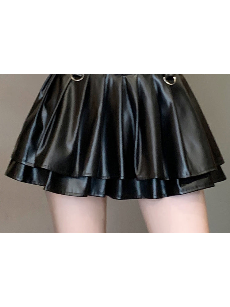 christmas outfit JazzHer Women Black A-line Leather Skirt Vintage Aesthetic Y2k Pleated Skirt Harajuku Korean Gothic Mini Skirt Emo 2000s Clothes Summer