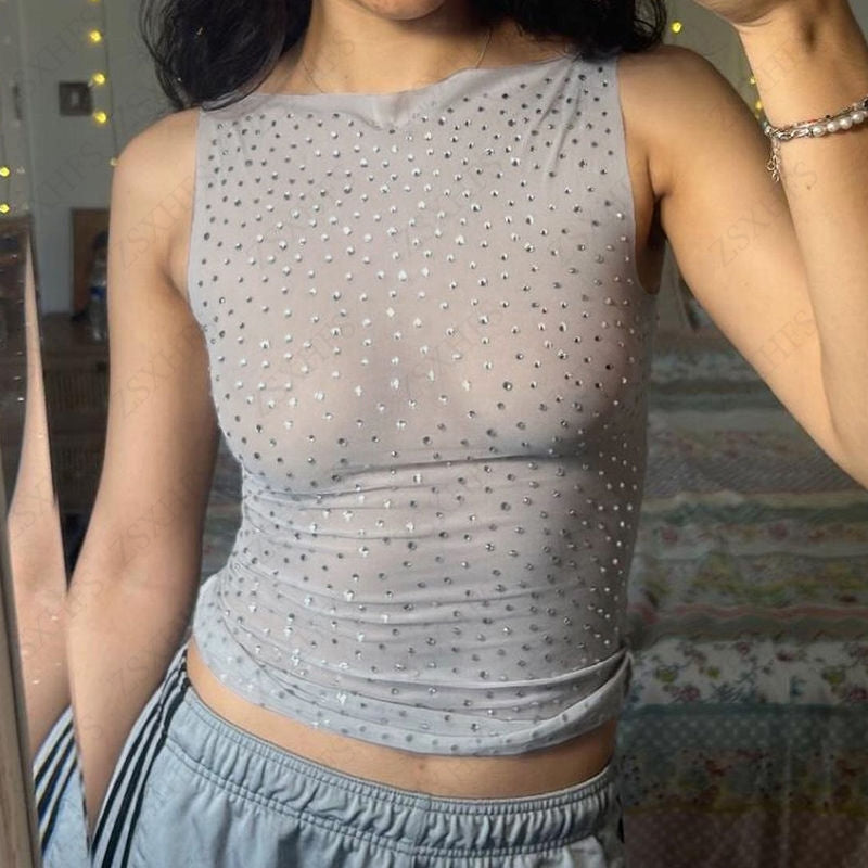 JazzHer Rhinestone Sexy Tank Top Mesh Sleeveless Streetwear Punk Aesthetic Clothes Vintage 90s Gothic Women Graphic Tee Y2k Crop Tops