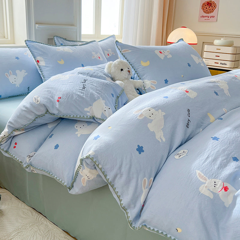 JazzHer Cute Bear Double Layer Yarn Quilt Cover Bed Sheet Pillowcase Twin Queen Size Bedding Set Girls Kids Duvet Cover Set No Filler