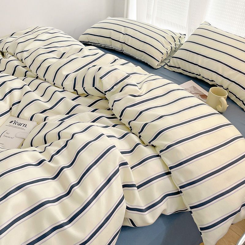 JazzHer Simple Red and Blue Striped Duvet Cover and Four Piece Bed Sheet Set with Washed Cotton Bedding on the Bed