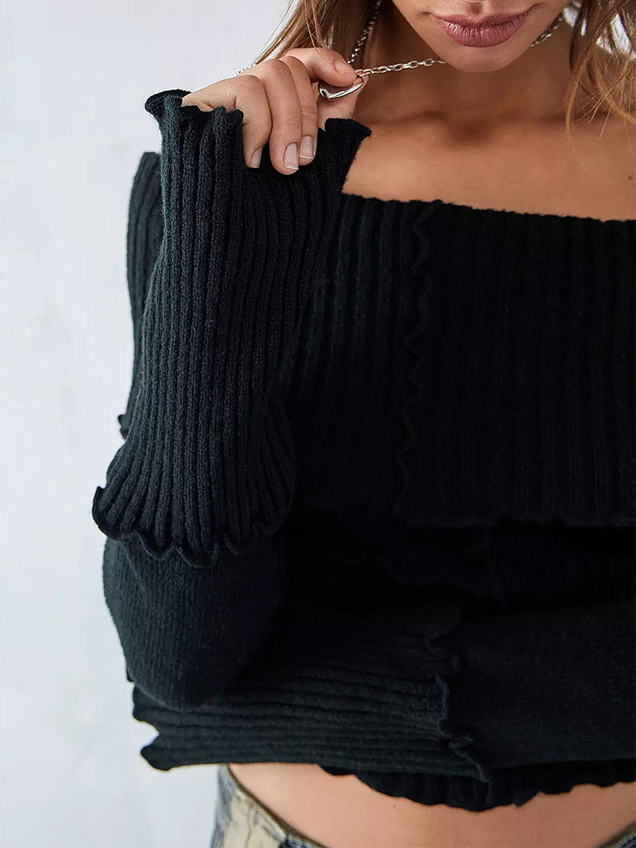 thanksgiving outfit JazzHer Women s Off-Shoulder Cropped Tops Ribbed Knit Long Sleeve Lettuce Edge Trims Sweater Slim Fitted Y2K Knitwear