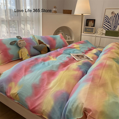 JazzHer INS Tie-dye Gradation Bedding Set Korean Style Girls Boys Double Size Flat Sheet Duvet Cover Pillowcase Bed Linen Home Textile