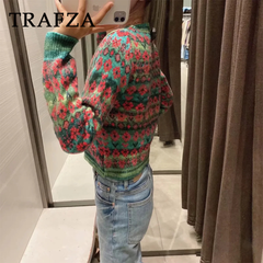 cold weather outfits JazzHer 2024 Autumn Winter Vintage Women Sweaters Fashion Single Breasted Square Collar Knitted Floral Chic Ladies Sweaters