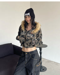 JazzHer Harajuku Zip Up Hoodie camouflage Long Sleeves Tops American Vintage Hoody Harajuku Kpop Punk Coats Top Women Y2k Grunge Hoodies