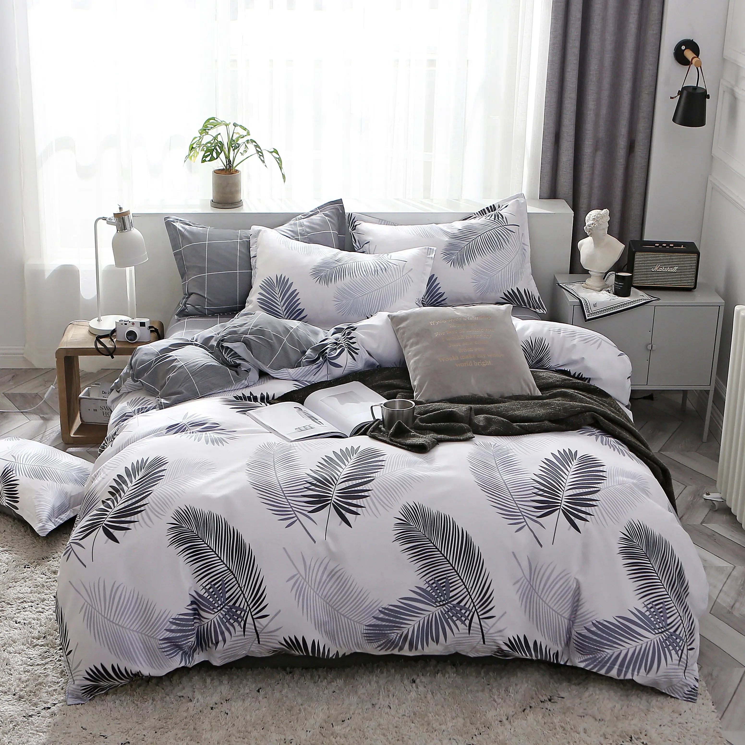 JazzHer Grey Geometric Pattern Duvet Cover Four set series for Adults Teens Polyester Bedding Set with Zip Closure Comforter Covers