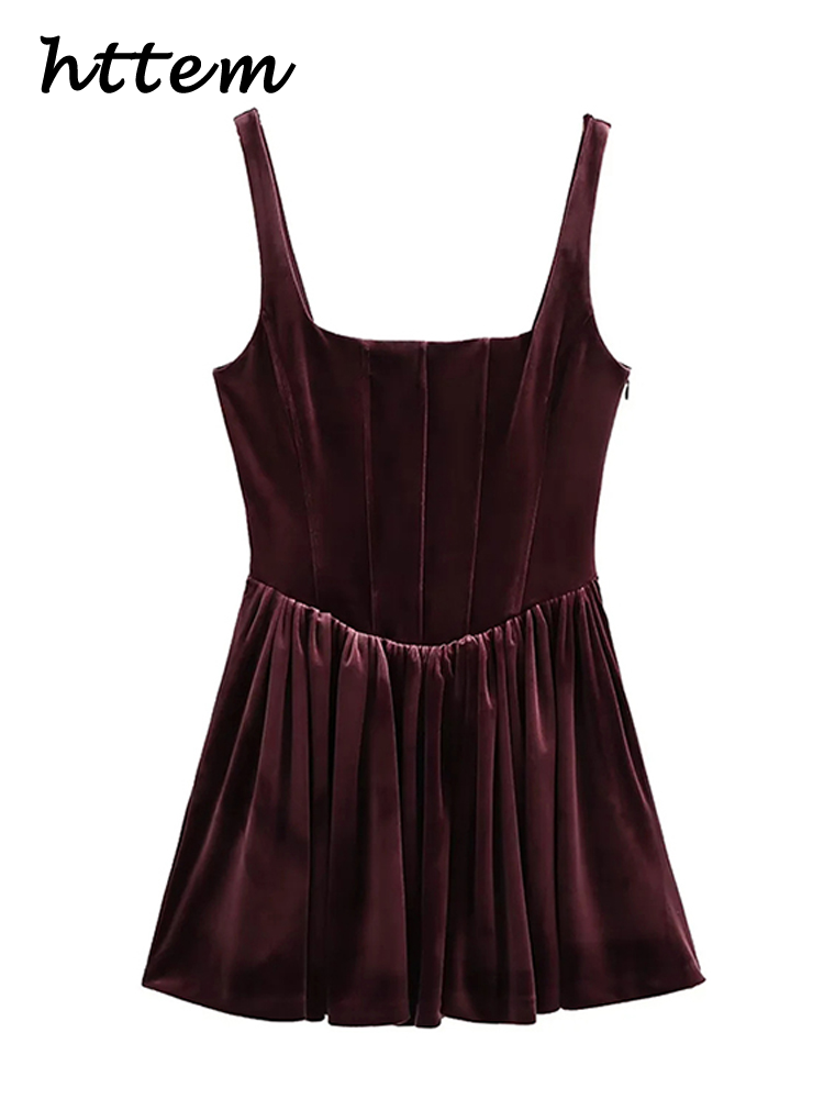 JazzHer Sexy Velvet Mini Party Dress Women Burgundy Square Collar Sleeveless Backless Sling Dresses 2024 Autumn Lady Pleated Vestido New