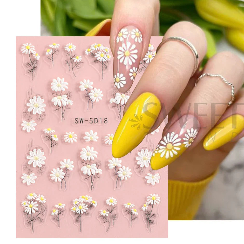 JazzHer 5D Tulips Daisy Nail Textured Sticker Yellow Flower Theme Autumn Adhesive Sliders Acrylic Embossed Decal Manicure Tips LYSW-5D17