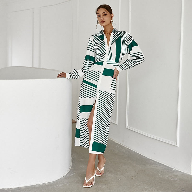 JazzHer Elegant Green Diamond Print Long Sleeve V-Neck Midi Dress Women  Summer A-Line Belt Single Breasted Shirt Vestidos