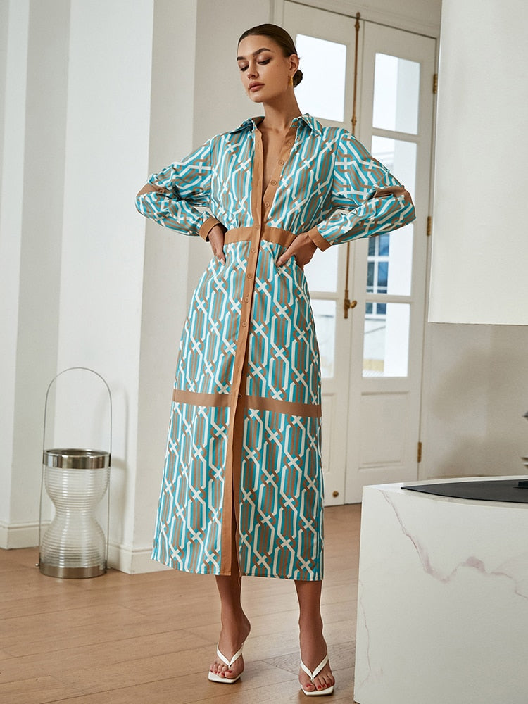 JazzHer Elegant Green Diamond Print Long Sleeve V-Neck Midi Dress Women  Summer A-Line Belt Single Breasted Shirt Vestidos