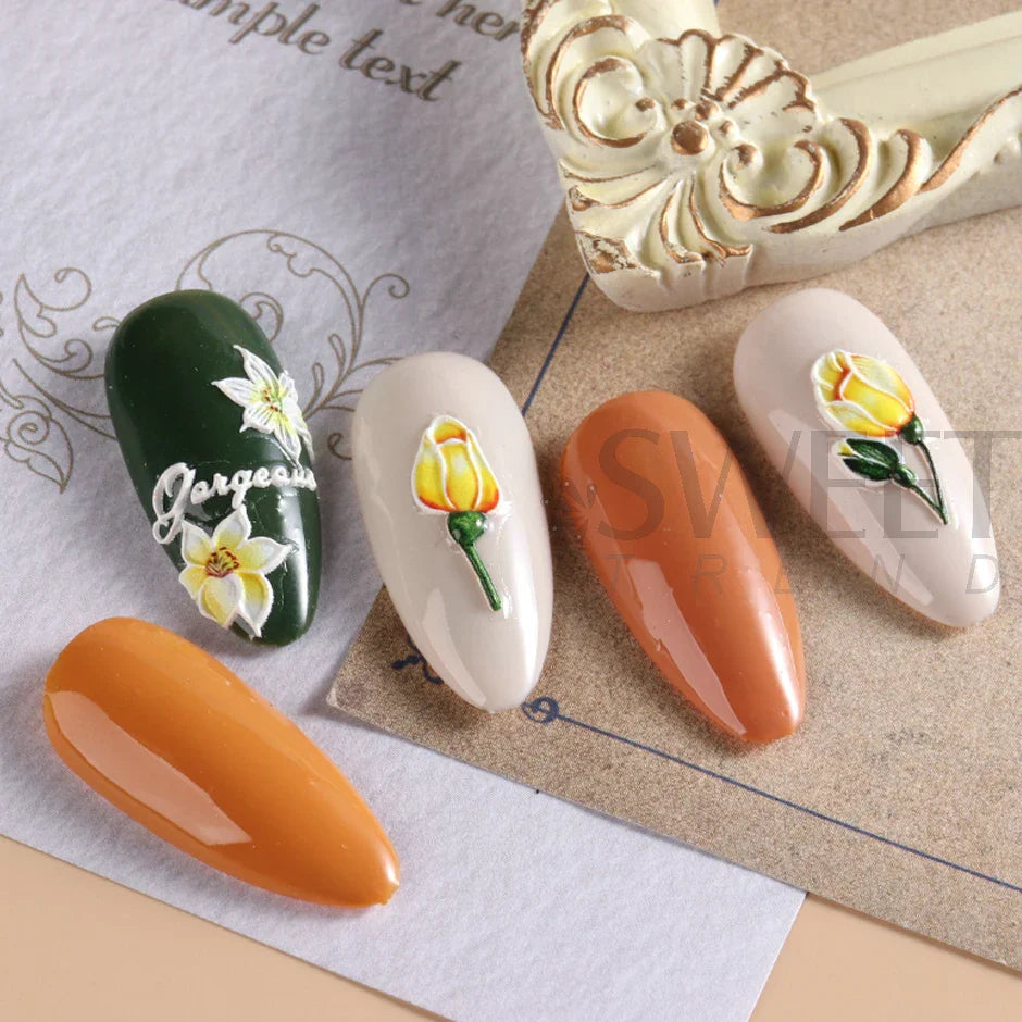 JazzHer 5D Tulips Daisy Nail Textured Sticker Yellow Flower Theme Autumn Adhesive Sliders Acrylic Embossed Decal Manicure Tips LYSW-5D17