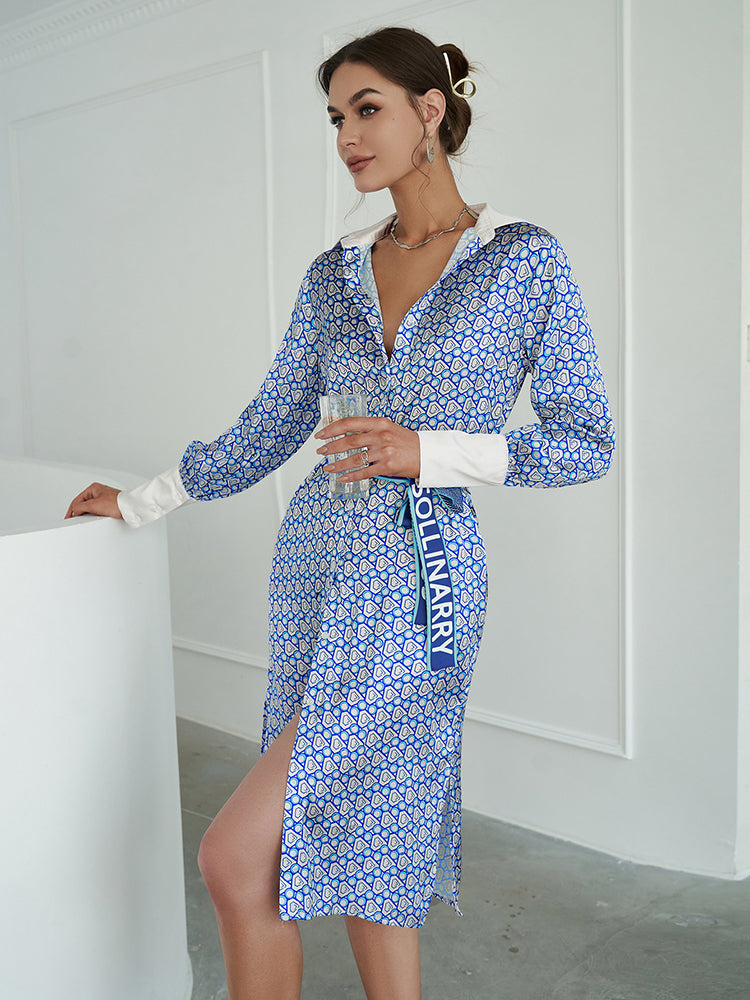 JazzHer  Elegant Print Long Sleeve V-Neck Midi Shirt Dress Women  Summer Satin Silk Belt A-Line Single Breasted Vestidos