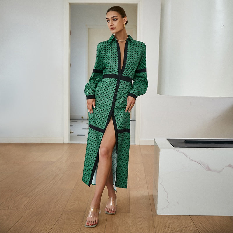 JazzHer Elegant Green Diamond Print Long Sleeve V-Neck Midi Dress Women  Summer A-Line Belt Single Breasted Shirt Vestidos