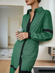 JazzHer Elegant Green Diamond Print Long Sleeve V-Neck Midi Dress Women  Summer A-Line Belt Single Breasted Shirt Vestidos