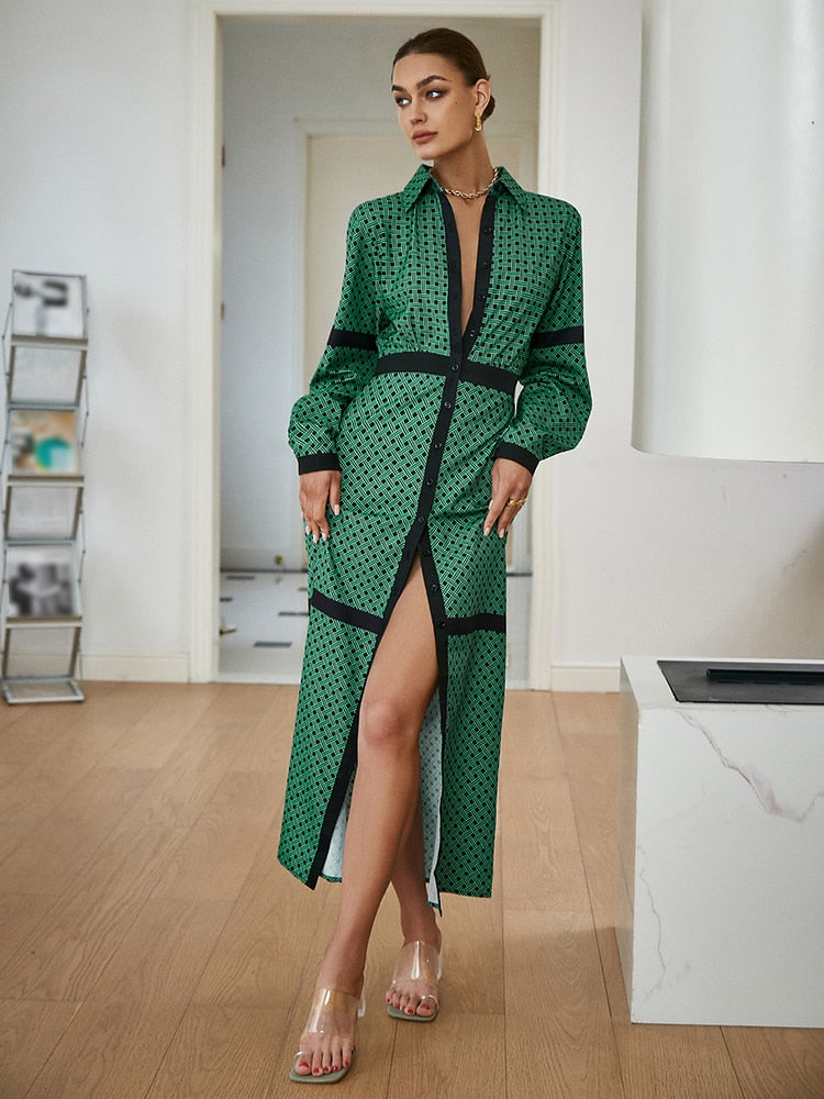 JazzHer Elegant Green Diamond Print Long Sleeve V-Neck Midi Dress Women  Summer A-Line Belt Single Breasted Shirt Vestidos