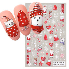 JazzHer Cute Cartoon Bear Cat Nail Manicure Design Stickers 3D Lovly Anime Adhesive Decals 2024 Winter New Year Decoration Foils LYNO-61