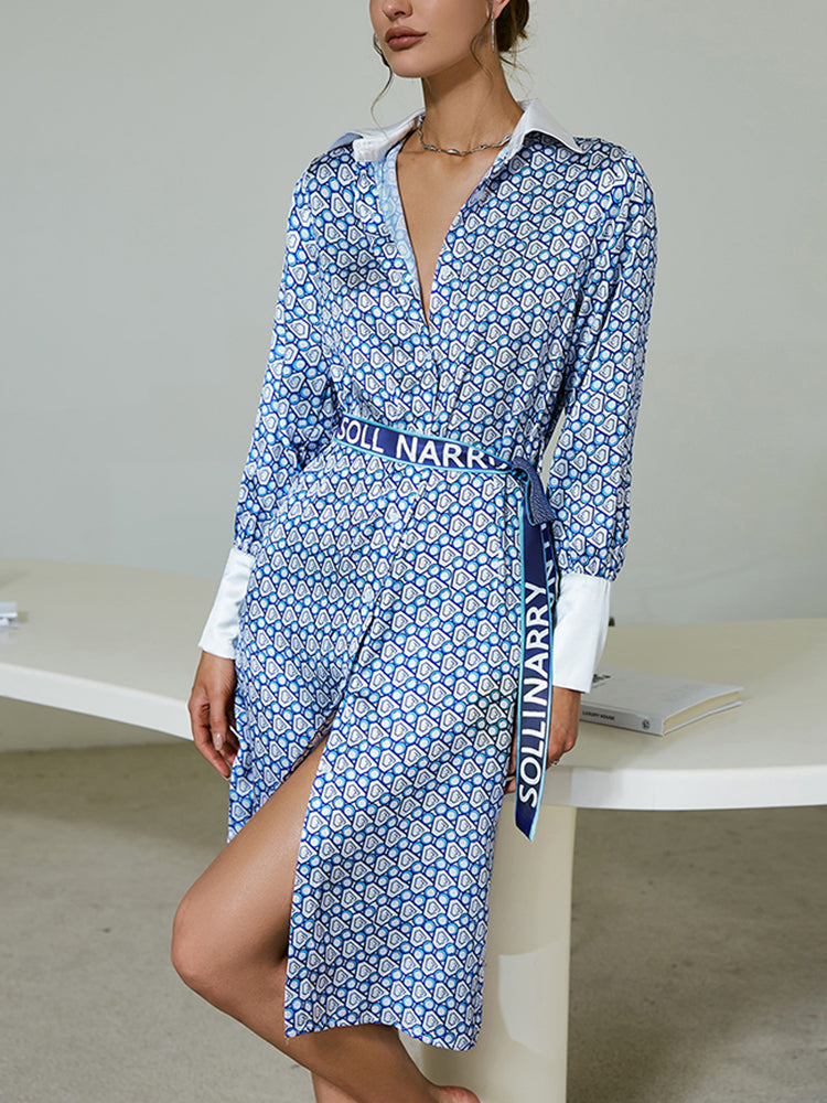 JazzHer  Elegant Print Long Sleeve V-Neck Midi Shirt Dress Women  Summer Satin Silk Belt A-Line Single Breasted Vestidos