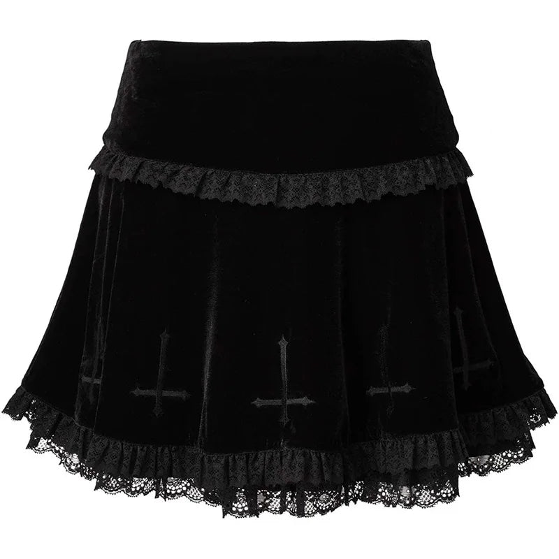 JazzHer Women's Gothic Half Skirt 2024 New Fashion Color Clash Music Festival Cross Print Lace Splicing Half Skirt