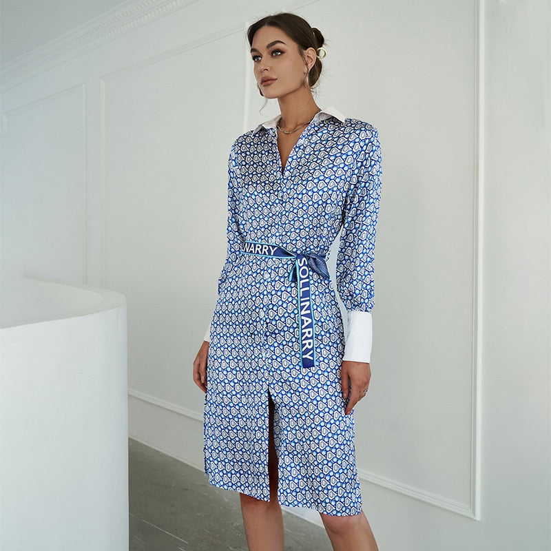 JazzHer  Elegant Print Long Sleeve V-Neck Midi Shirt Dress Women  Summer Satin Silk Belt A-Line Single Breasted Vestidos