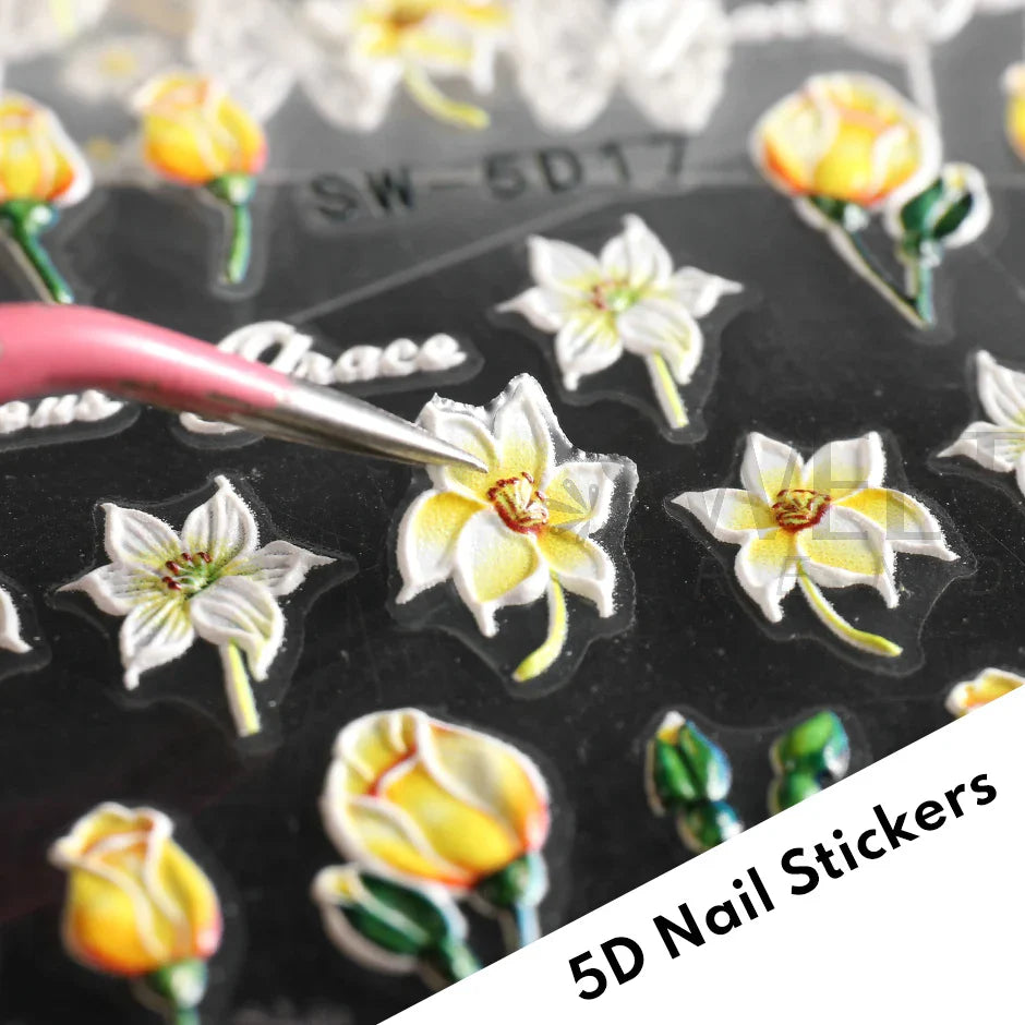 JazzHer 5D Tulips Daisy Nail Textured Sticker Yellow Flower Theme Autumn Adhesive Sliders Acrylic Embossed Decal Manicure Tips LYSW-5D17