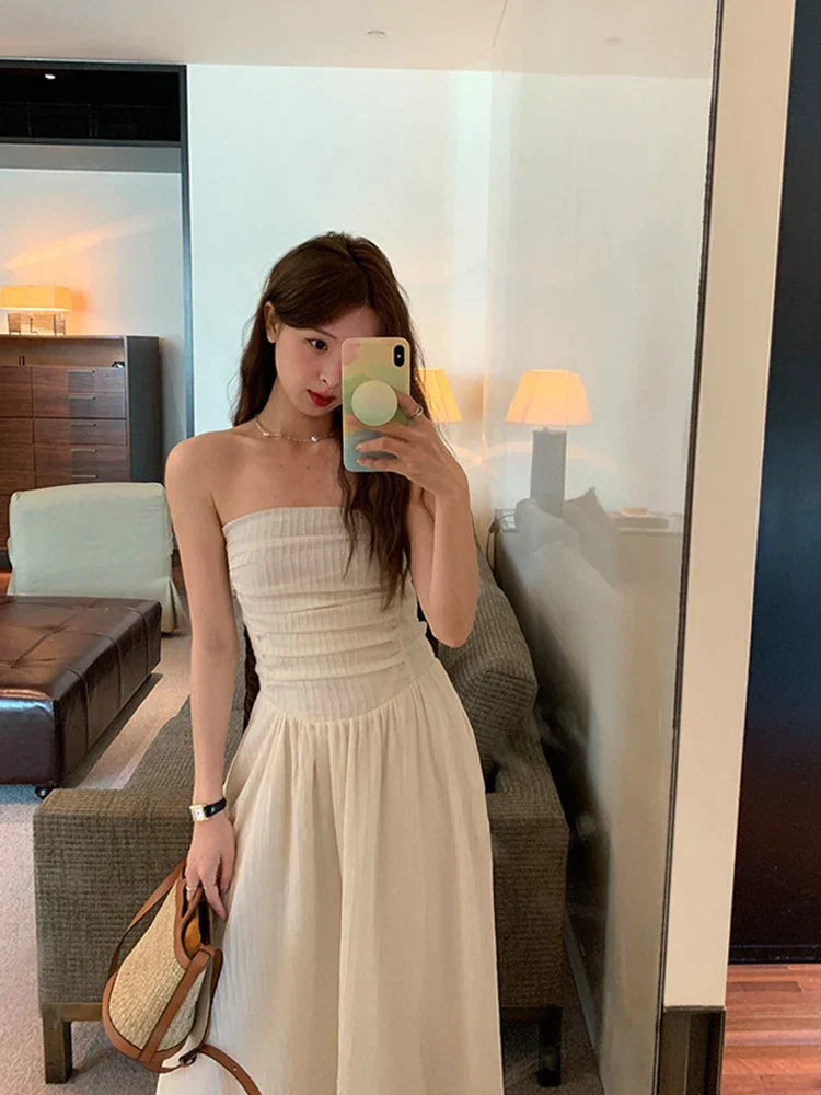 JazzHer-2024 Summer Elegant Strapless Midi Dresses Fashion Chic Off Shoulder Backless Dresswear Female Party Evening Dress