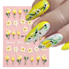 JazzHer 5D Tulips Daisy Nail Textured Sticker Yellow Flower Theme Autumn Adhesive Sliders Acrylic Embossed Decal Manicure Tips LYSW-5D17