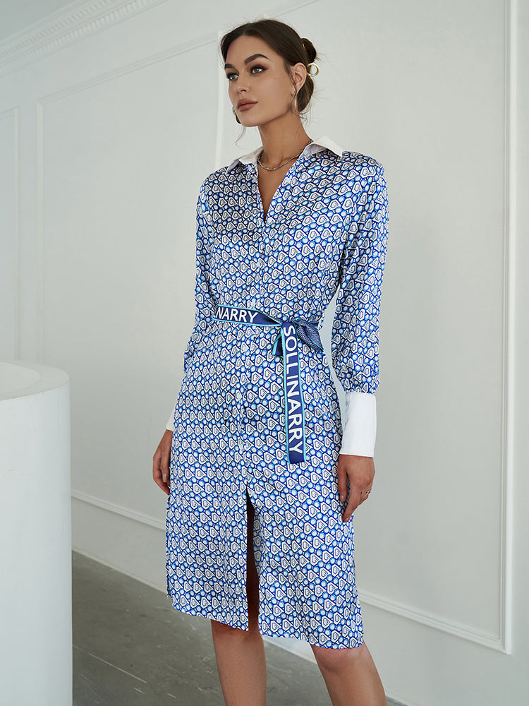 JazzHer  Elegant Print Long Sleeve V-Neck Midi Shirt Dress Women  Summer Satin Silk Belt A-Line Single Breasted Vestidos