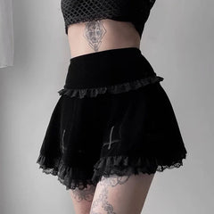 JazzHer Women's Gothic Half Skirt 2024 New Fashion Color Clash Music Festival Cross Print Lace Splicing Half Skirt