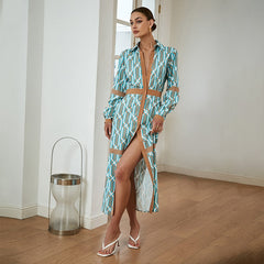 JazzHer Elegant Green Diamond Print Long Sleeve V-Neck Midi Dress Women  Summer A-Line Belt Single Breasted Shirt Vestidos