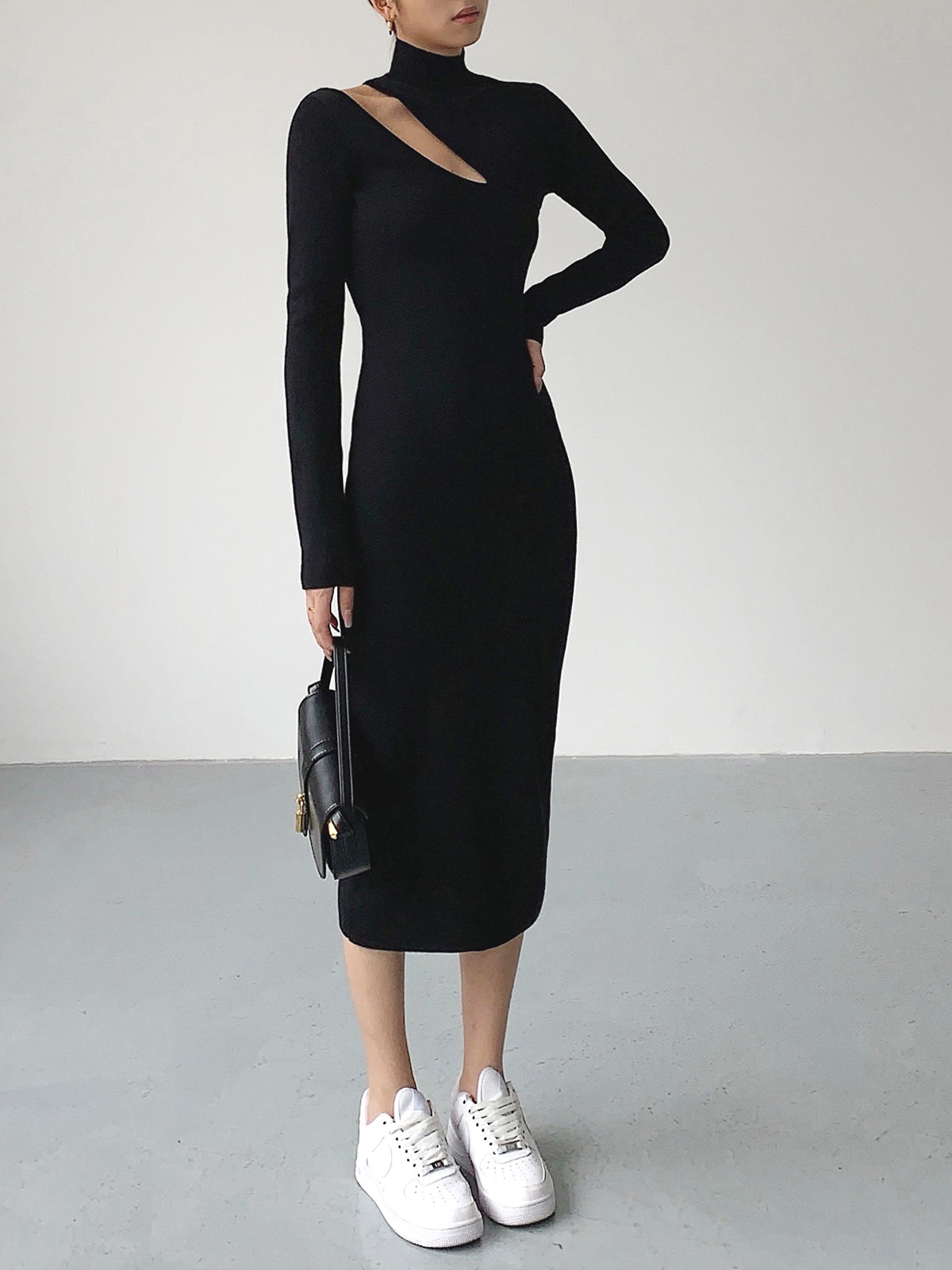 JazzHer Asymmetrical Cutout Mock Neck Knit Midi Dress