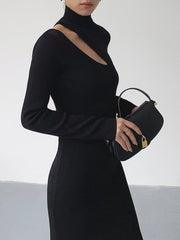 JazzHer Asymmetrical Cutout Mock Neck Knit Midi Dress