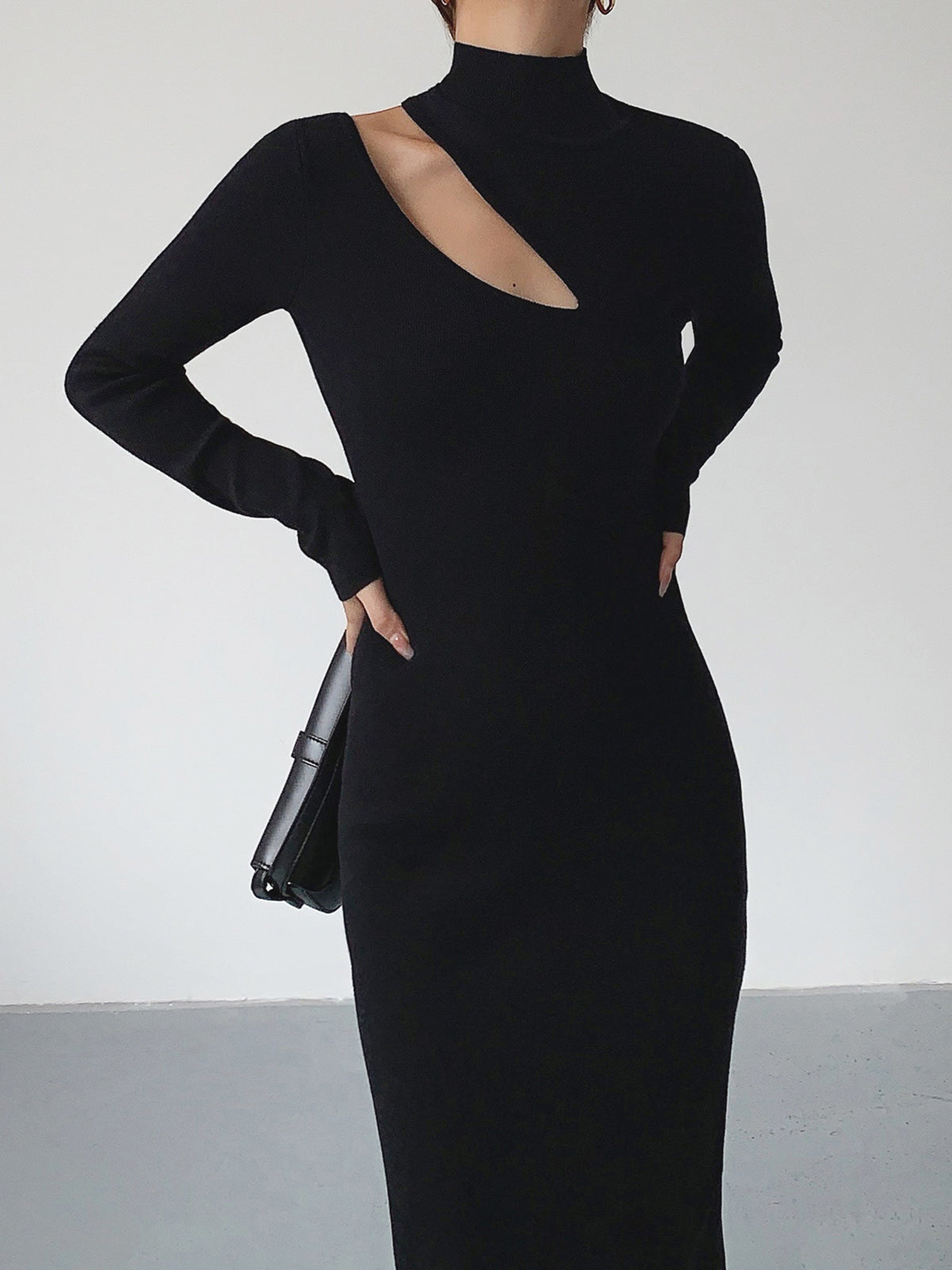 JazzHer Asymmetrical Cutout Mock Neck Knit Midi Dress