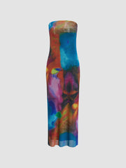 JazzHer Tulle Printed Mesh Strapless Tube Midi Dress