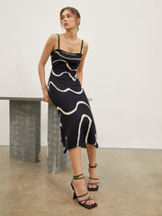 JazzHer Wavy Print Strap Midi Dress