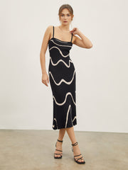 JazzHer Wavy Print Strap Midi Dress