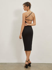 JazzHer Asymmetrical Strap Open Back Midi Dress