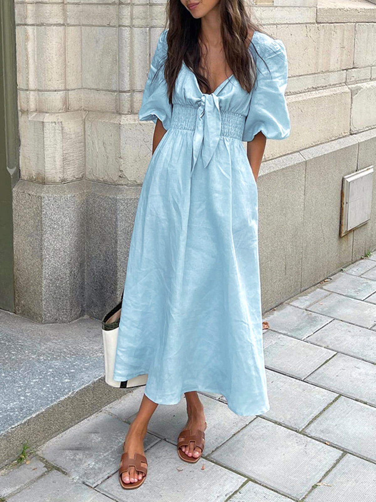 JazzHer Linen Cotton Front Tie Midi Dress