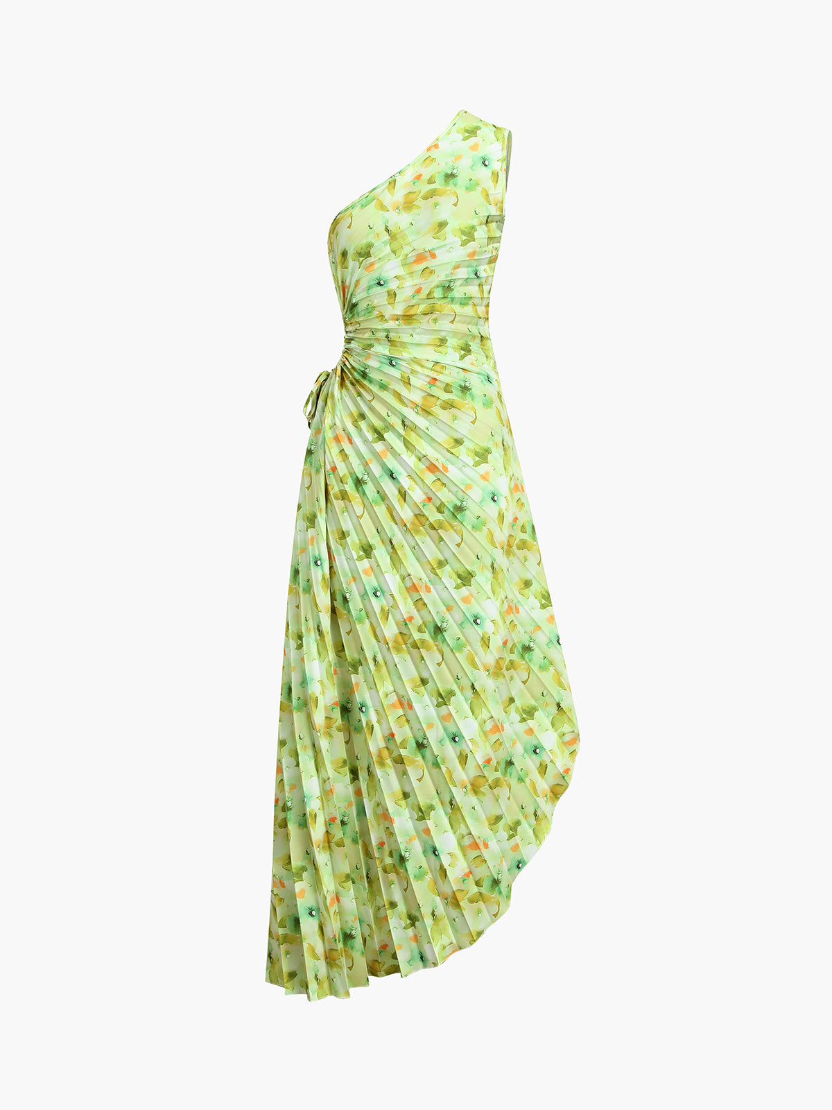 JazzHer Greeness Floral Zippered Pleat Midi Dress