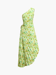 JazzHer Greeness Floral Zippered Pleat Midi Dress