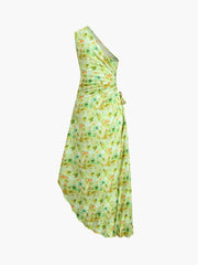 JazzHer Greeness Floral Zippered Pleat Midi Dress