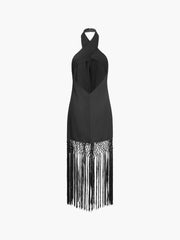 JazzHer Capri Fringed Open Back Halter Midi Dress