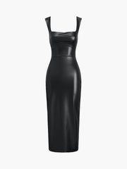 JazzHer Faux Leather Bodycon Midi Dress