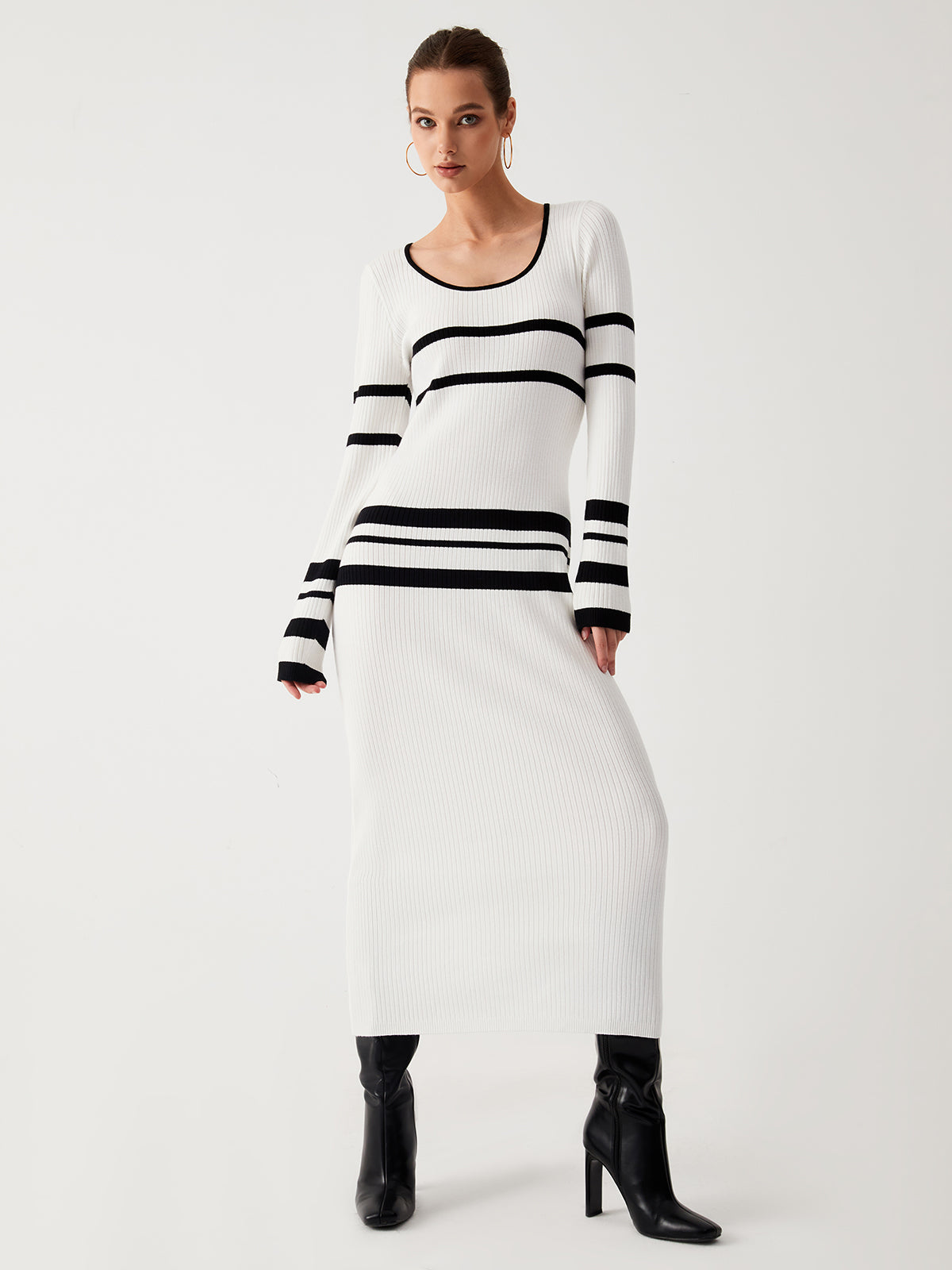 JazzHer 2024 Fall Fashion Stripe Long Sleeve Sweater Dress