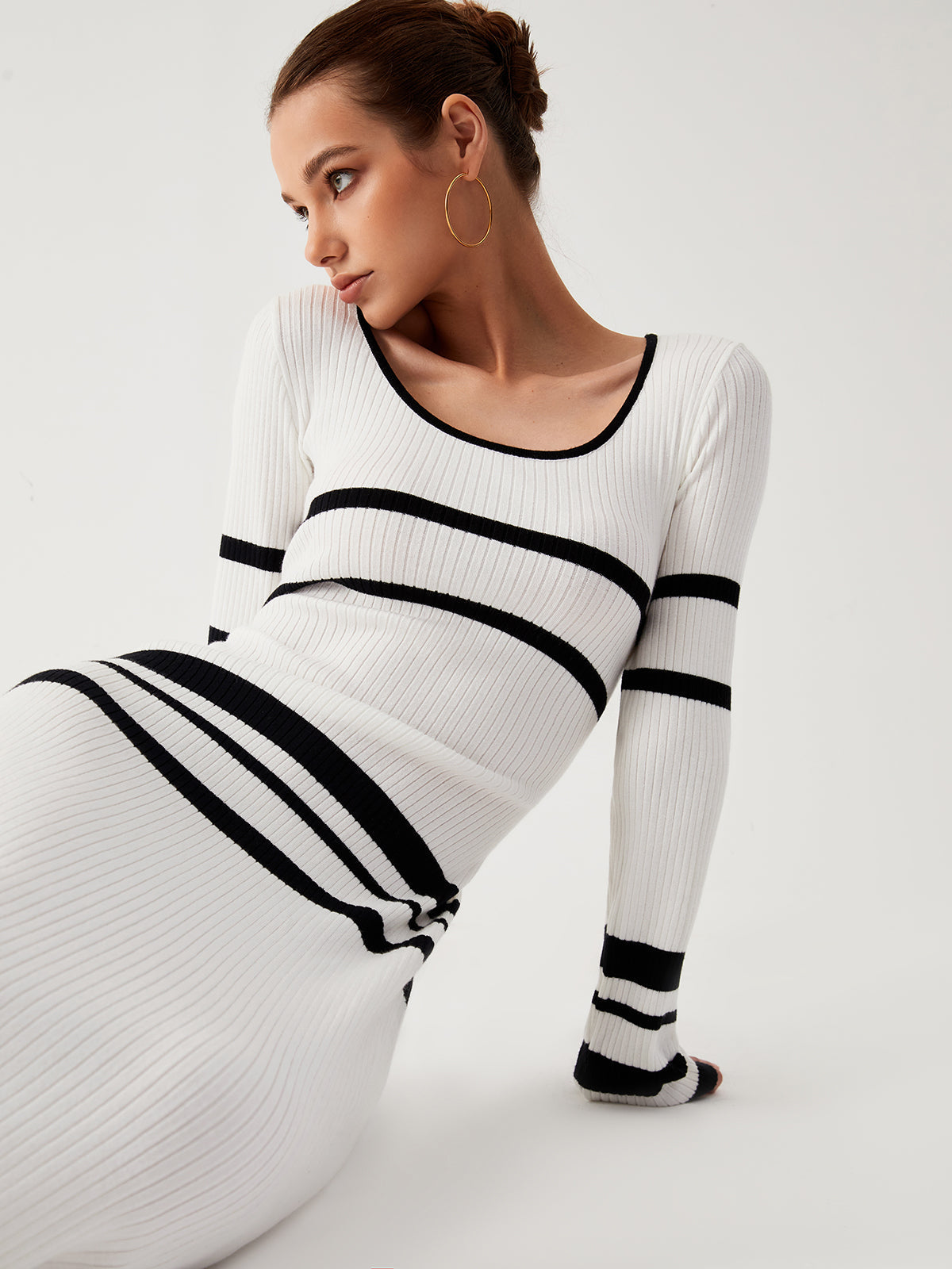 JazzHer 2024 Fall Fashion Stripe Long Sleeve Sweater Dress