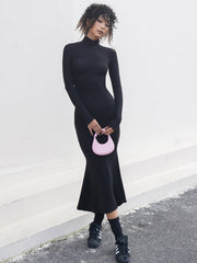 JazzHer Leisure Mock Neck Long Sleeve Midi Dress