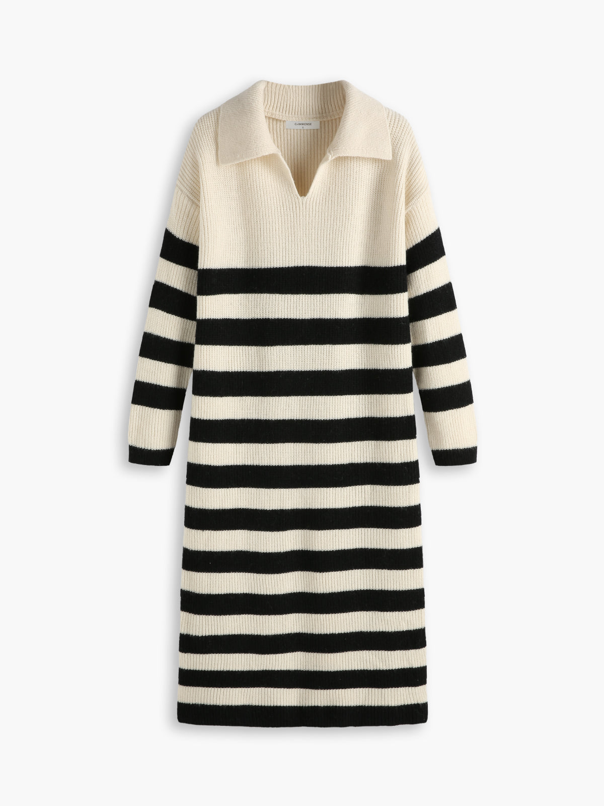 JazzHer 2024 Fall Fashion Open Collar Stripe Long Sleeve Midi Sweater Dress