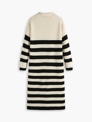 JazzHer 2024 Fall Fashion Open Collar Stripe Long Sleeve Midi Sweater Dress