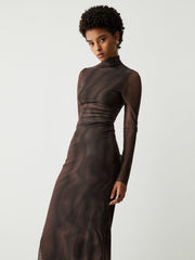 JazzHer Illusion Tulle Print Mock Neck Mesh Midi Dress