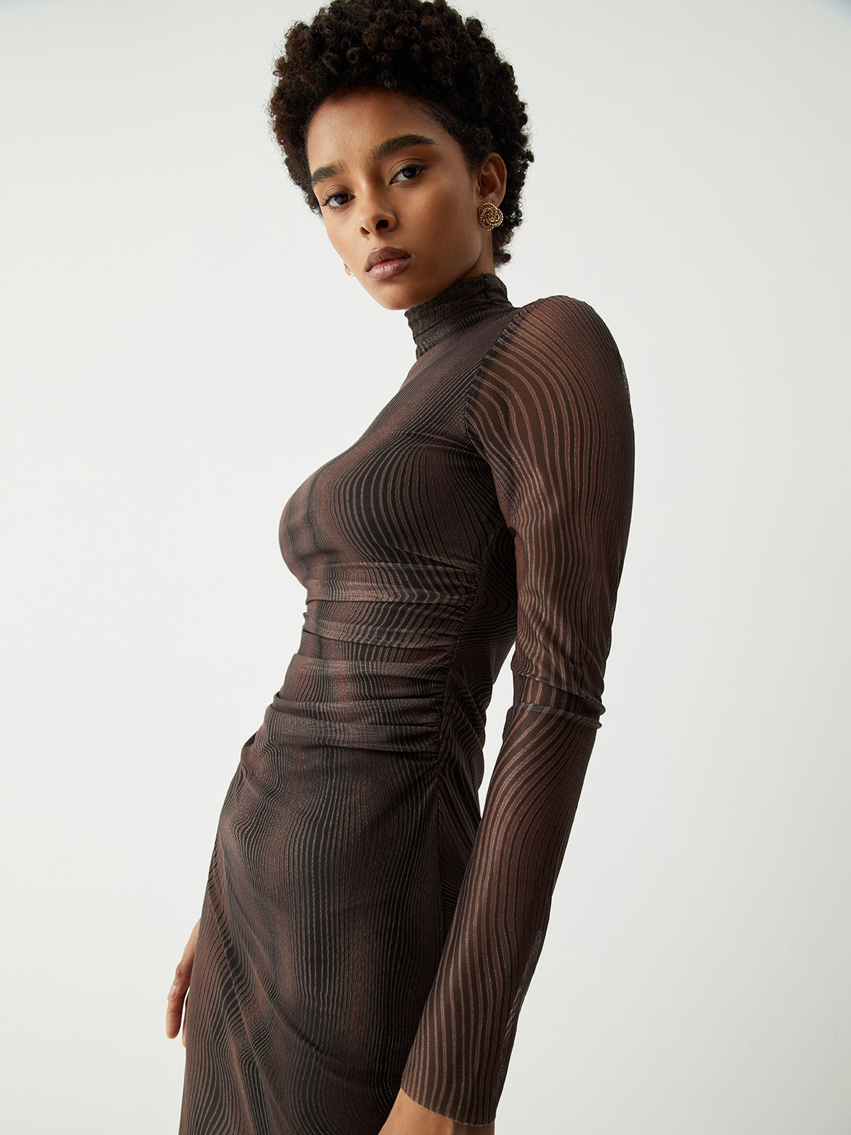 JazzHer Illusion Tulle Print Mock Neck Mesh Midi Dress