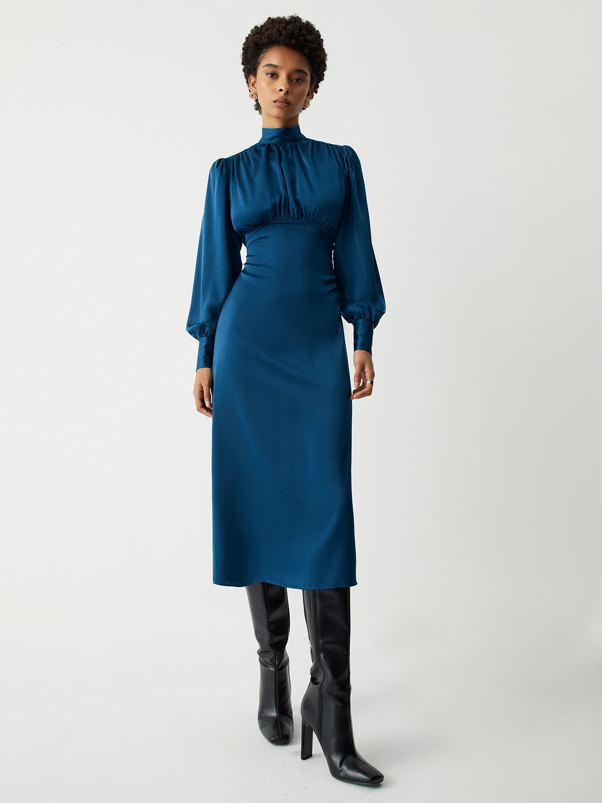 JazzHer Satin Mock Neck Tie Back Long Sleeve Midi Dress