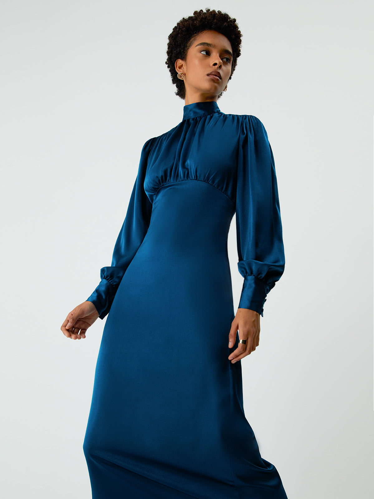 JazzHer Satin Mock Neck Tie Back Long Sleeve Midi Dress